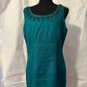 Women's Maggy London Dark Turquoise Beaded Dress mid knee Size 10